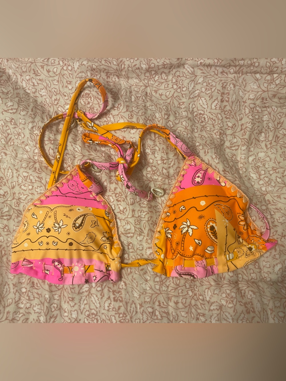 aerie Pink & Orange Paisley Triangle Swim Top